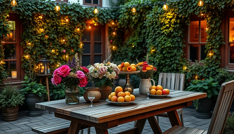 Memorial Day Sales: Rustic patio table with decorations, inviting outdoor scene.