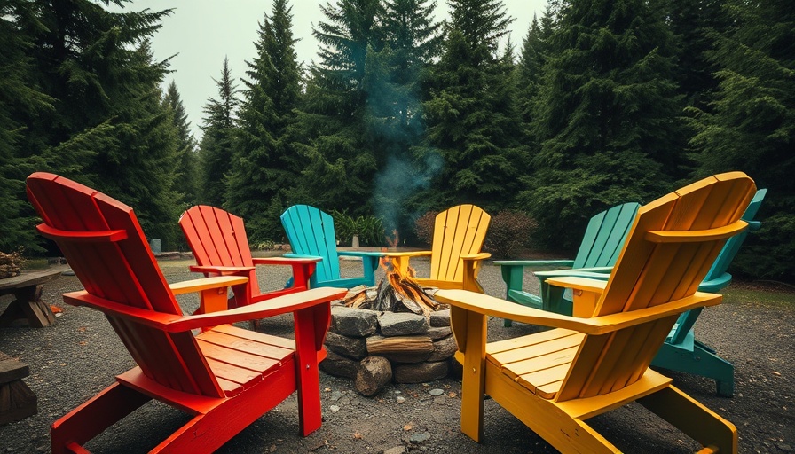Forest backyard with Adirondack chairs and fire pit in Nova Scotia.