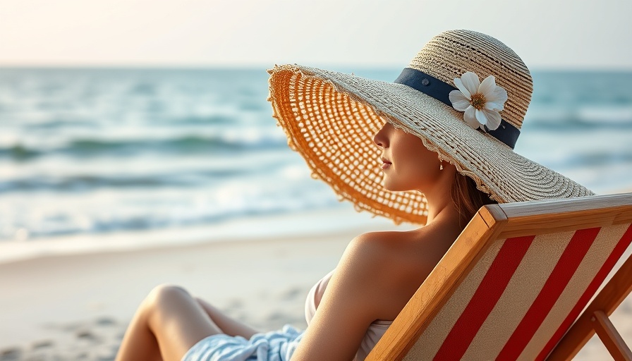 Relaxed woman in floral hat enjoying beach view.