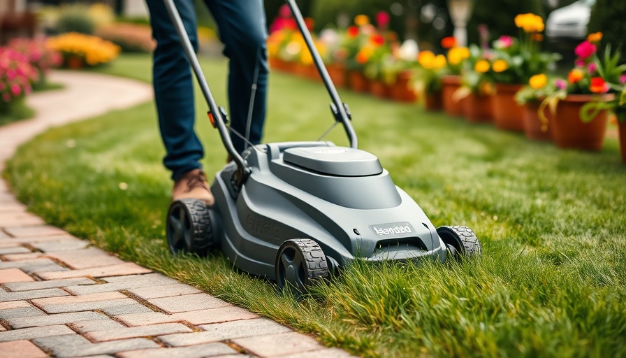 Installing a durable mow strip with a modern lawnmower along a flower-lined path.