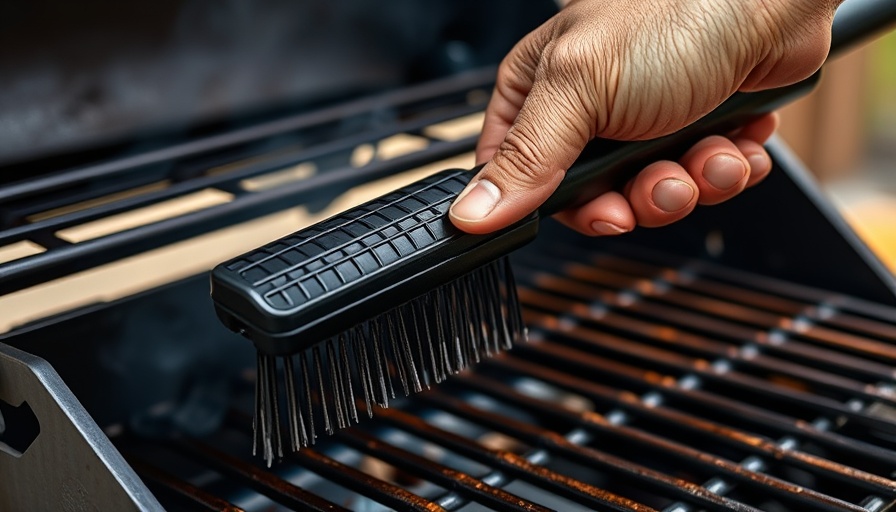 Close-up hand cleaning grill with wire brush for safety.