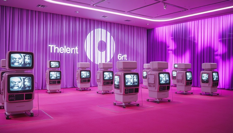 Futuristic exhibition with retro TV pods and human portraits