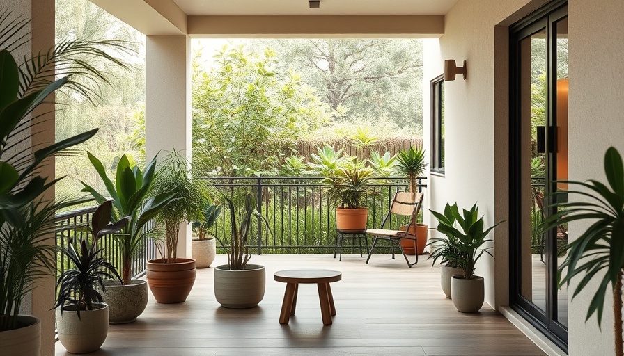 Modern patio with potted plants, perfect for long weekend activities.