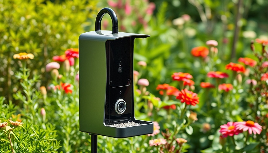 Sleek bird feeder with camera in lush garden setting.