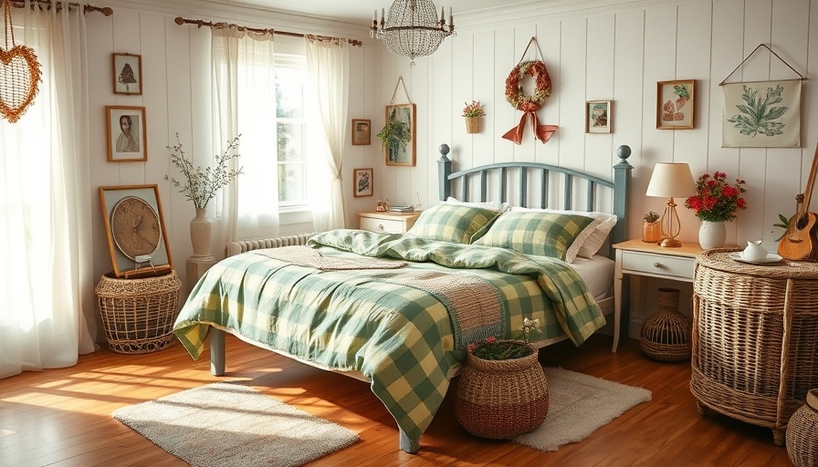 Cottagecore bedroom with green checkered bedding, wicker table.