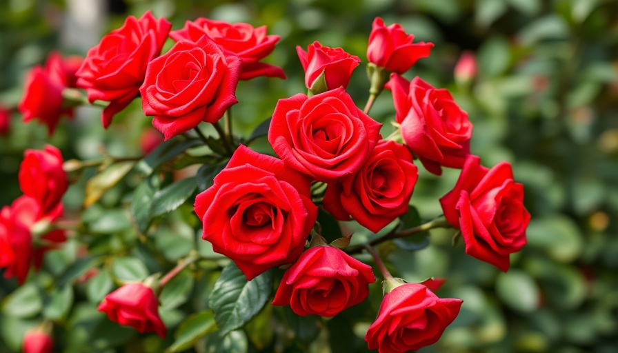 Vibrant red roses blooming in a garden with lush greenery, roses that bloom all year.