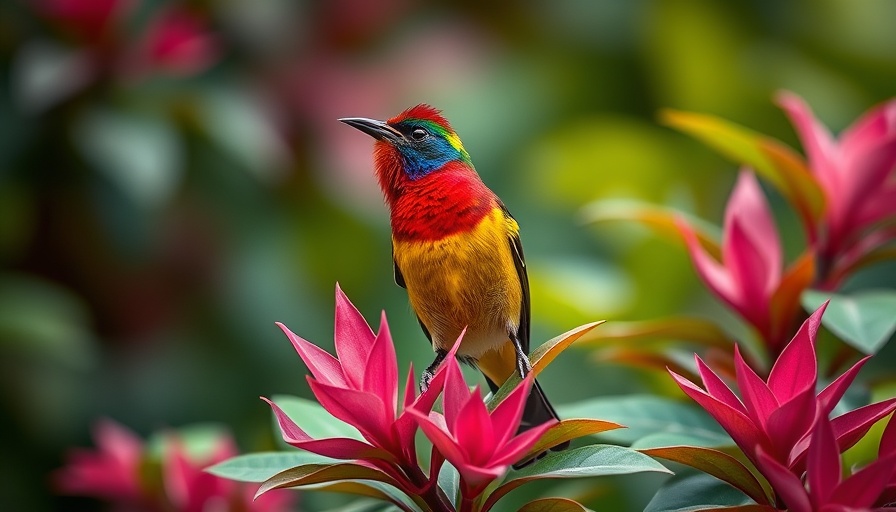 Vibrant sunbird in Cape Town safari perched on colorful leaves.