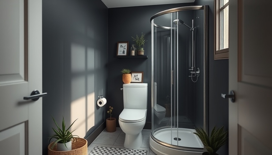 Modern bathroom before makeover with glass shower and dark walls.