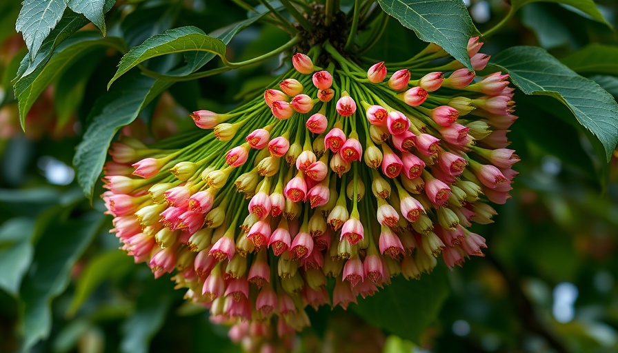Tree of Heaven with pink and green samaras, close-up view.