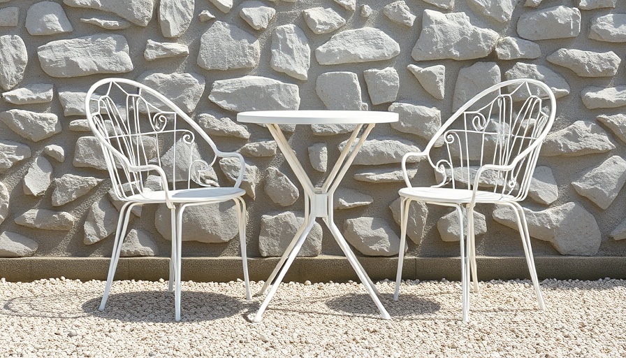 Minimalist outdoor bistro table and chairs on gravel with stone wall backdrop.