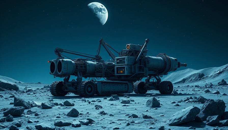 Futuristic lunar excavator for helium-3 harvesting on rocky terrain.