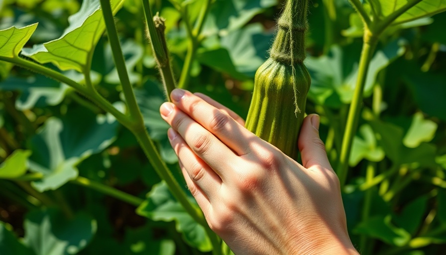 Hand touching okra plant in a garden, eco-friendly agriculture concept.