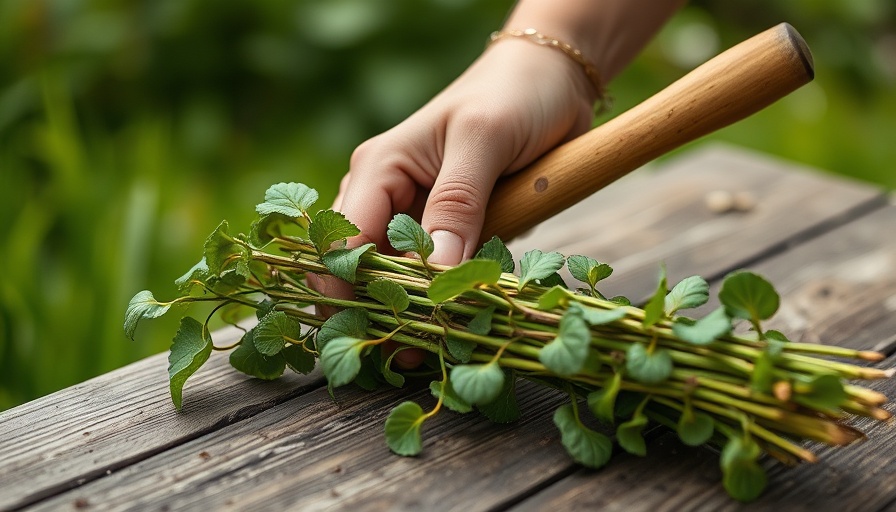 Hand using weeding tool on wooden table for gardening in natural setting.