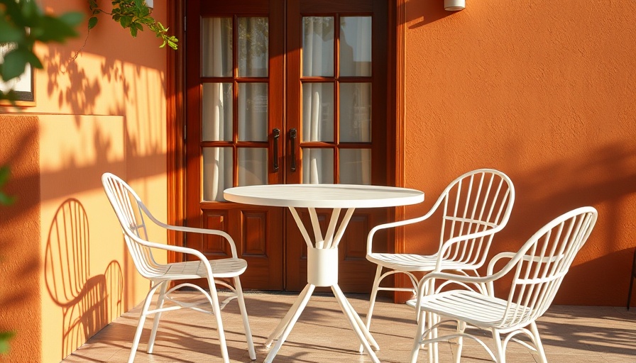 Charming al fresco dining setup with white chairs and table.