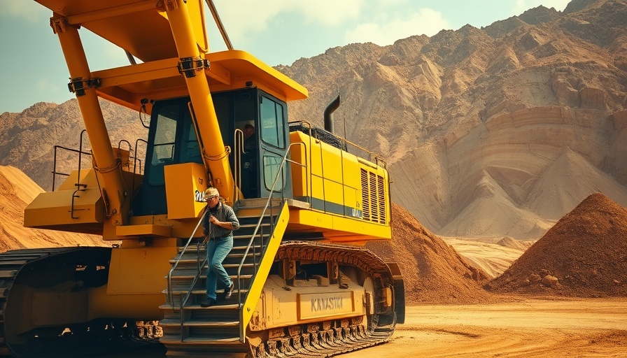 Komatsu PC9000 excavator journey: worker descends from massive machinery under blue sky.
