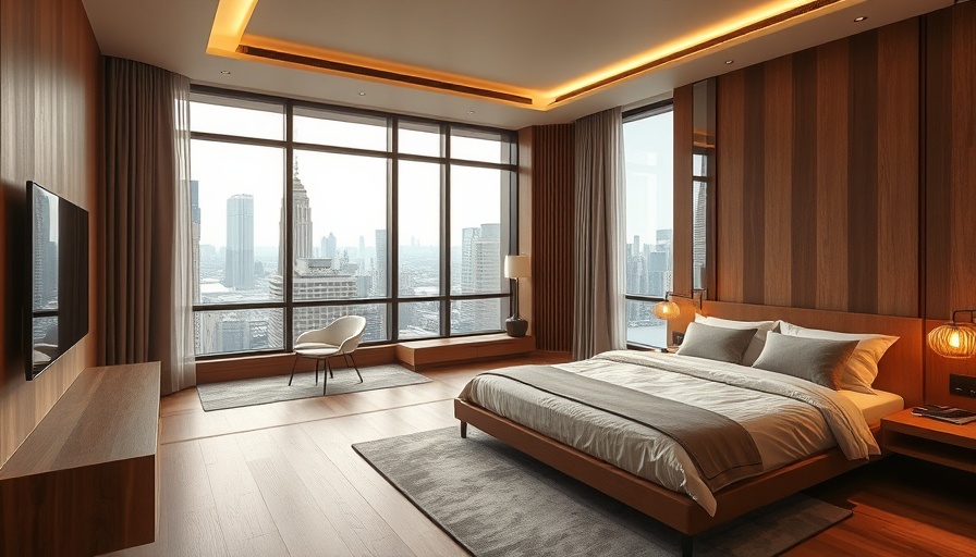 Minimalist Seoul hotel room with wooden decor and city view window