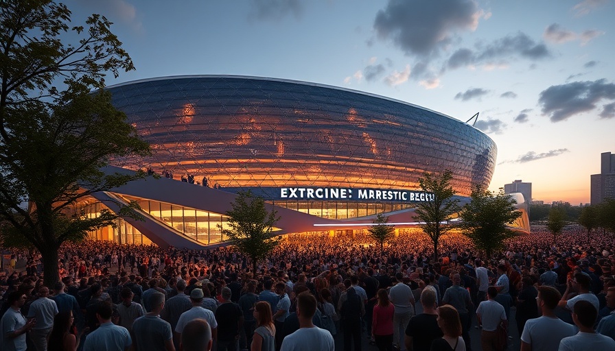 Modern stadium bustling with crowd at dusk, top commercial contractors of 2025.