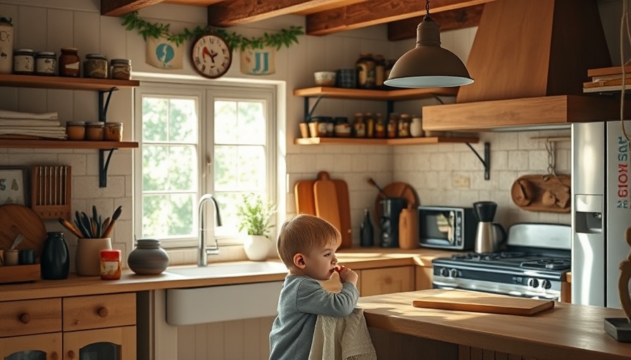 Rustic Australian shed kitchen design with child at counter.