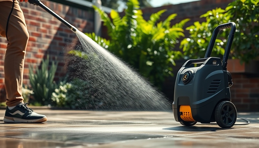 Person using portable pressure washer outdoors to clean pavement