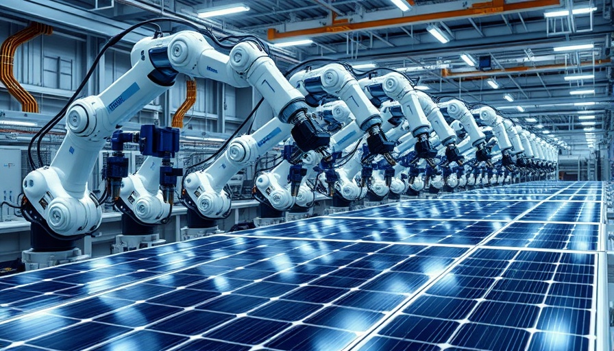 Robotic arms assembling solar panels in a high-tech factory, illustrating IRA tax credits for construction.