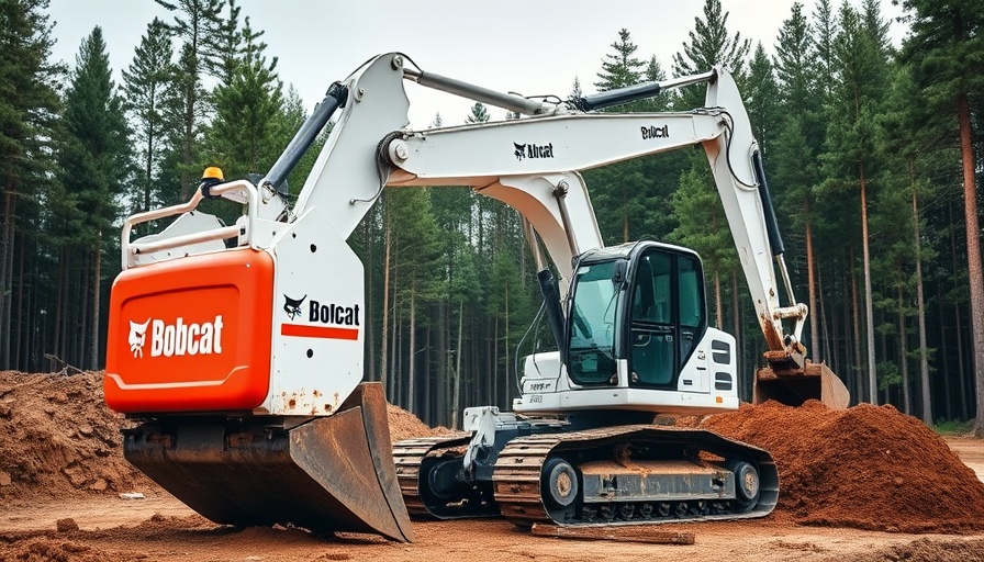 Bobcat large excavator at construction site with forest background.