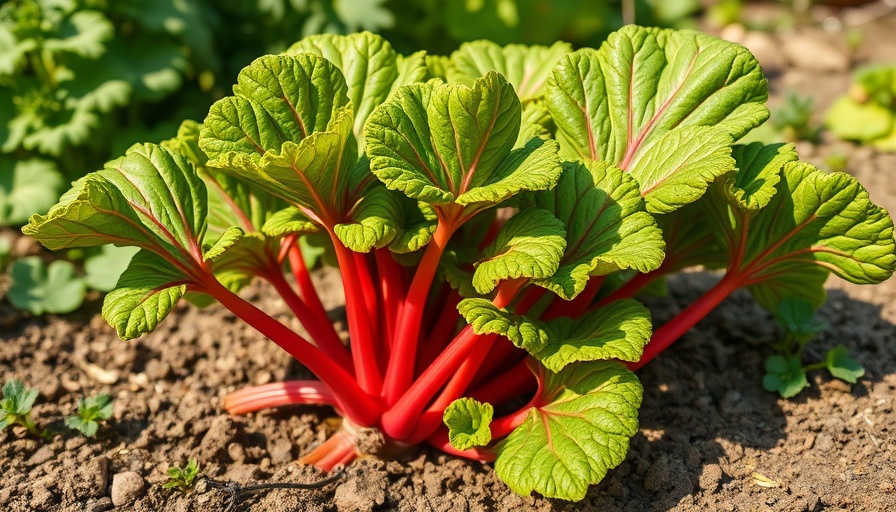 Vibrant rhubarb plant flourishing in a garden, showcasing rich green leaves.