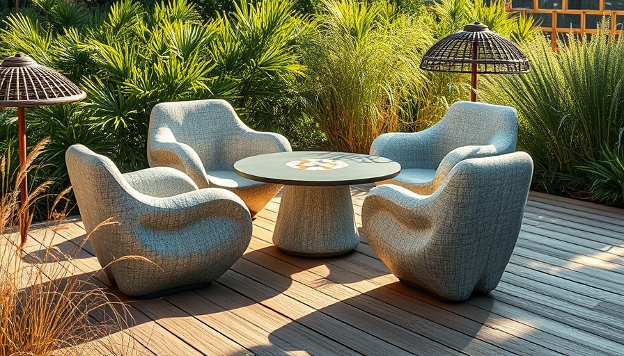 In-Side Collection outdoor furniture on a wooden deck with greenery.