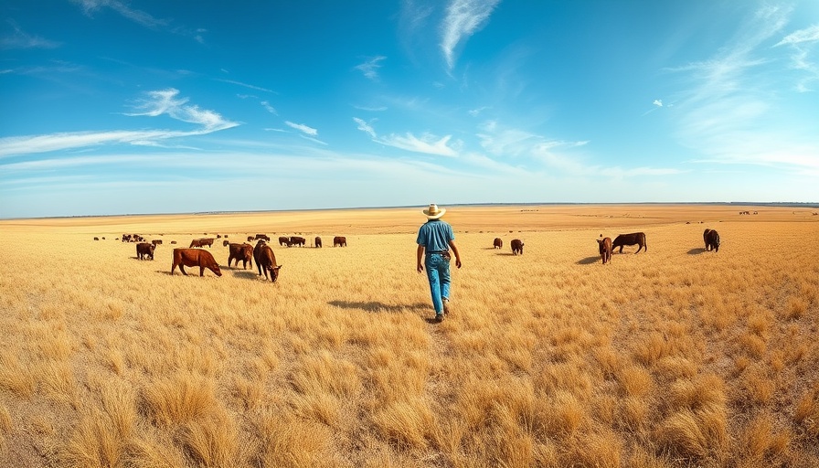 Dry Texas field with rancher and cattle highlighting water crisis