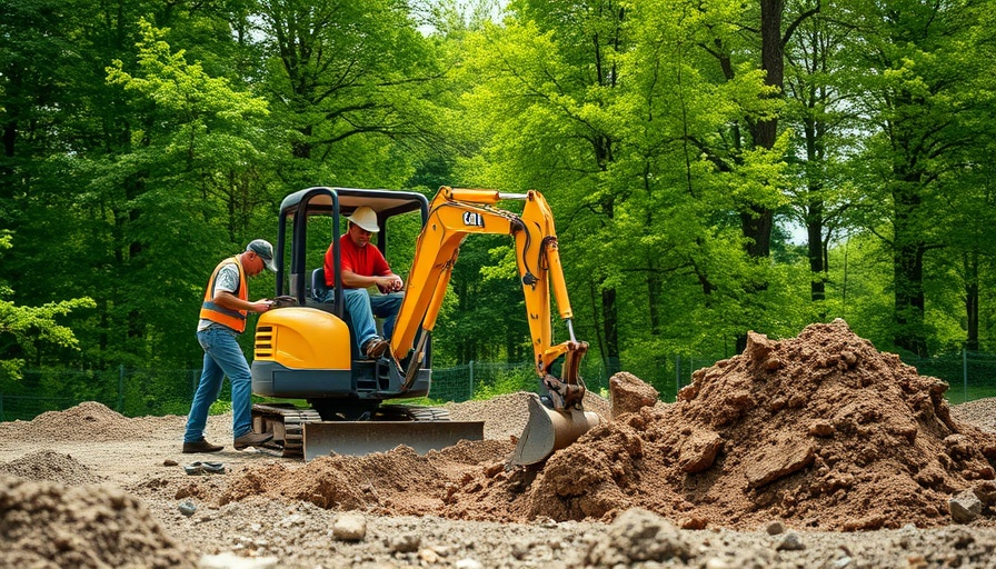 Construction site with machinery and workers in a green setting.