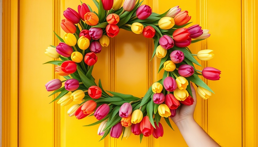 Colorful spring wreaths, tulip wreath on a yellow door.