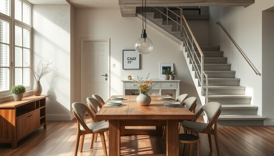 Minimalist dining room with rustic table and wooden chairs, armchair travel.