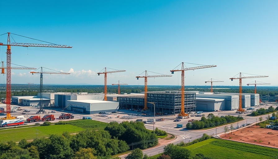 Commercial construction site with cranes, warehouses under clear sky.