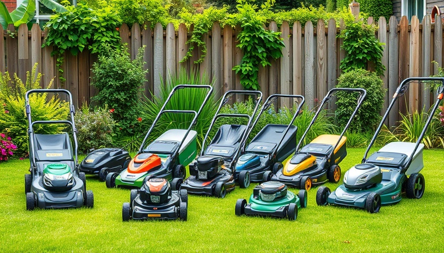 Various battery-powered lawn mowers on display in a garden.
