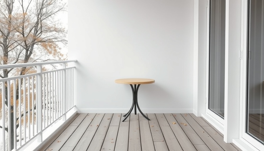Empty balcony with wooden floor and small table.