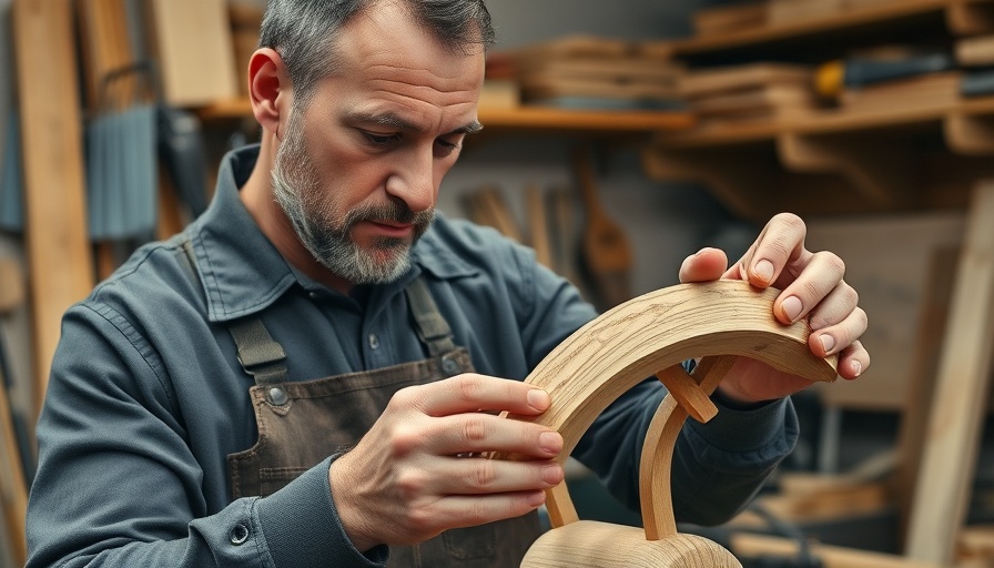 Craftsman measuring curved head casing template in workshop environment.
