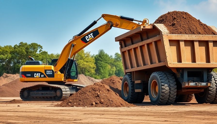 Caterpillar 2025 Excavators Updates: Excavator loading dirt into truck.