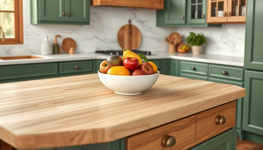 DIY butcher block countertop in a modern kitchen with fruit bowl.