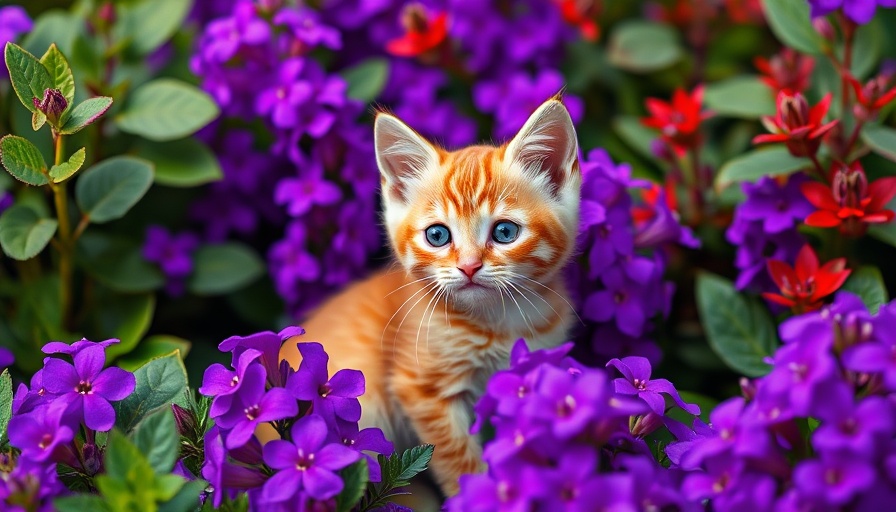 Adorable kitten among pet-safe gardening plants and purple flowers.