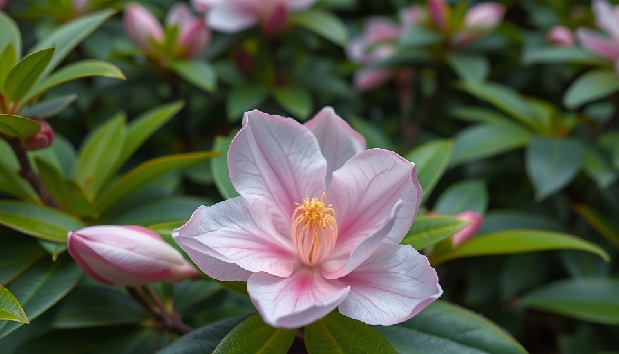 Pale pink rhododendron in Maine sanctuary with lush green backdrop.