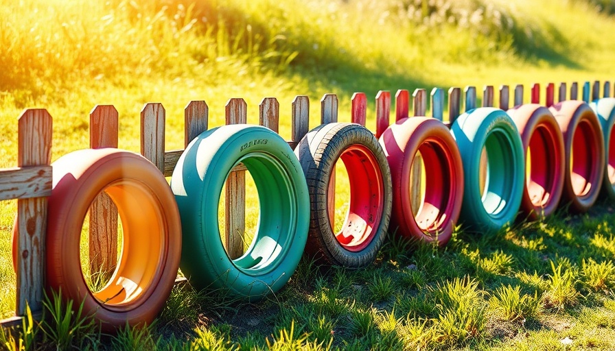Creative garden fence made from colorful tires on sunny day.