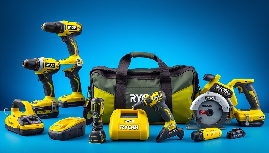 Ryobi tools set with bag on blue background, deal alert.