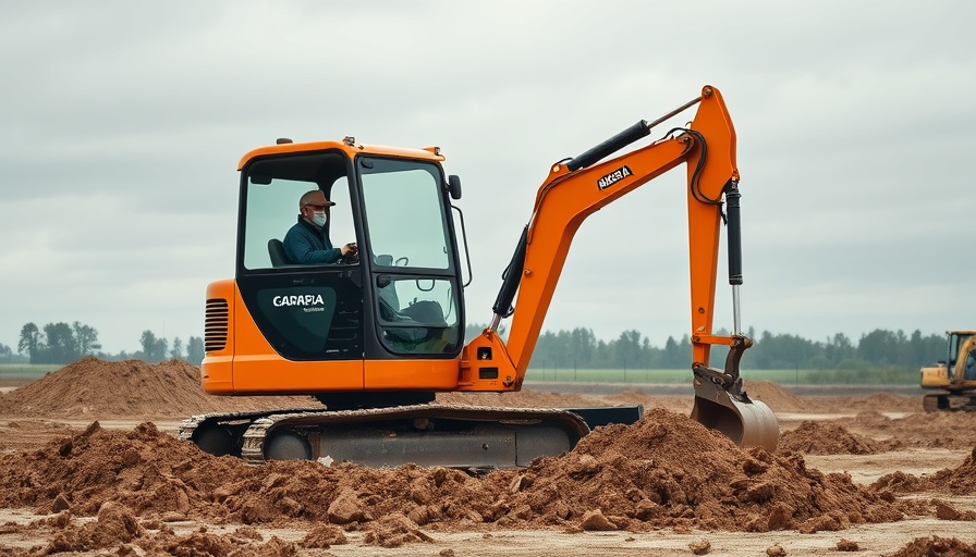 Modern midi excavator digging soil on a construction site.