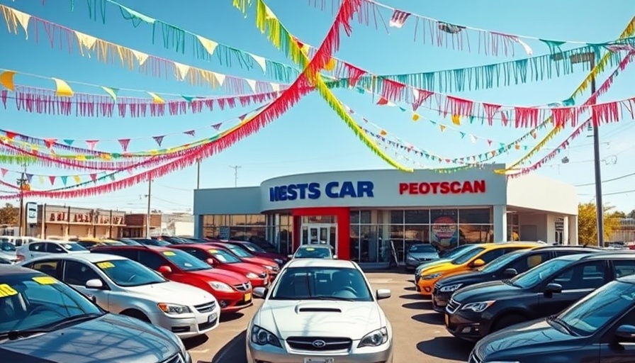 Used car dealership lot with colorful streamers and cars.