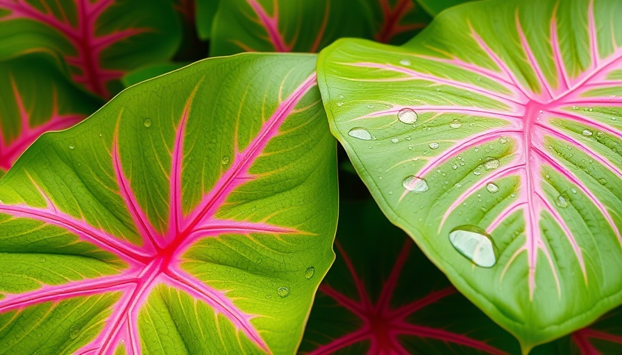 Vibrant tropical leaves with pink veins and dewdrops