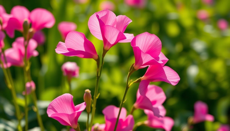 Vibrant pink sweet peas in sunlight symbolize joy and gratitude.