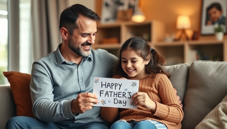 Family celebrating Father's Day with handmade card, cozy setting.