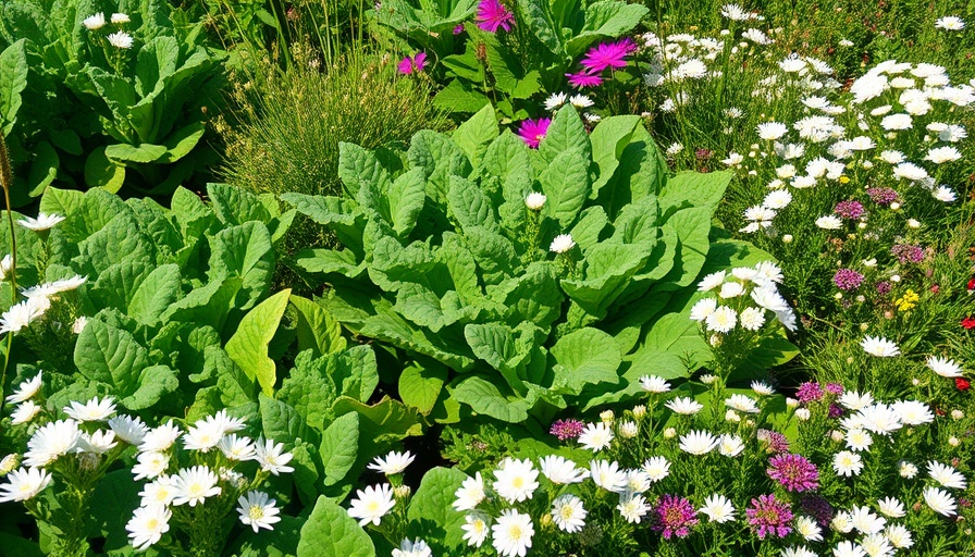 Lush sea kale with white flowers in a vivid garden setting.