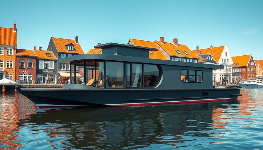 Modern houseboat in Copenhagen with orange-roofed backdrop.