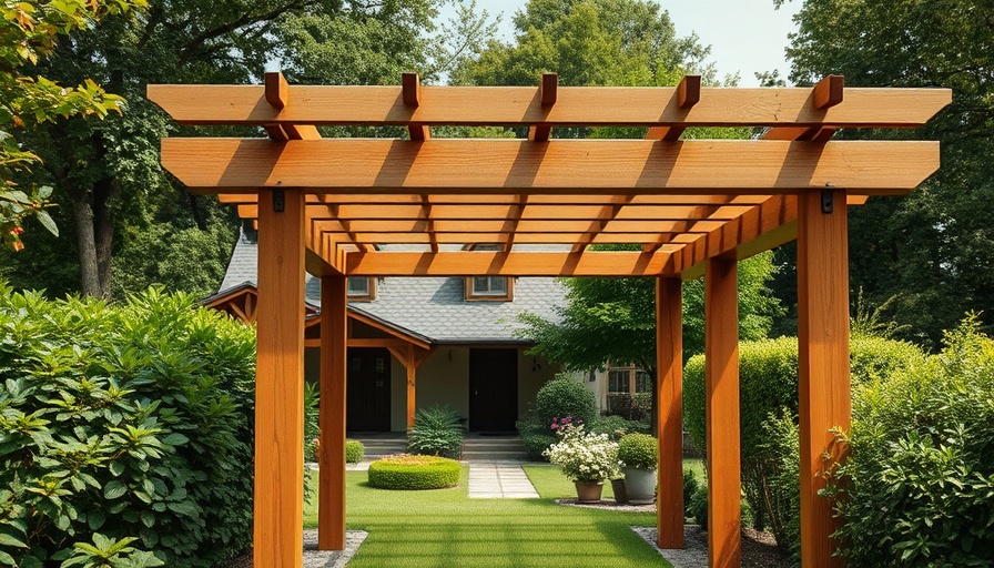 Build a pergola in a lush garden setting, showcasing detailed construction.