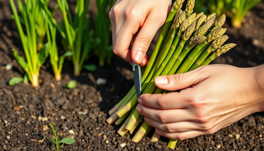 Hands harvesting asparagus in a vibrant June garden.